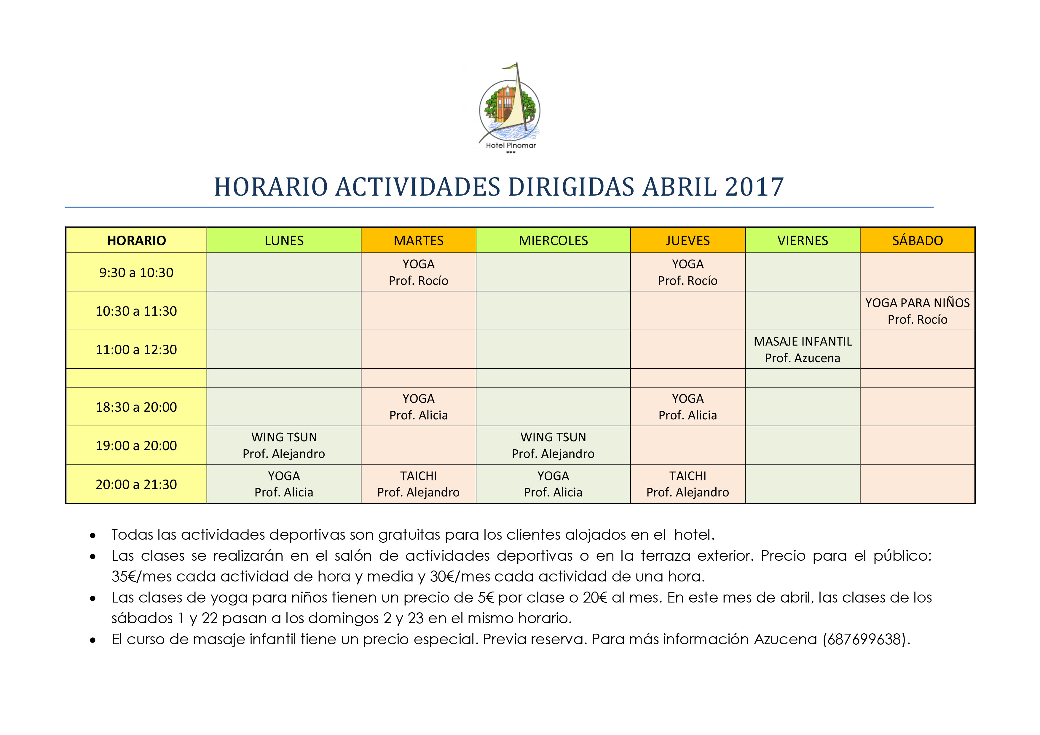 HORARIO ACTIVIDADES DIRIGIDAS ABRIL 2017