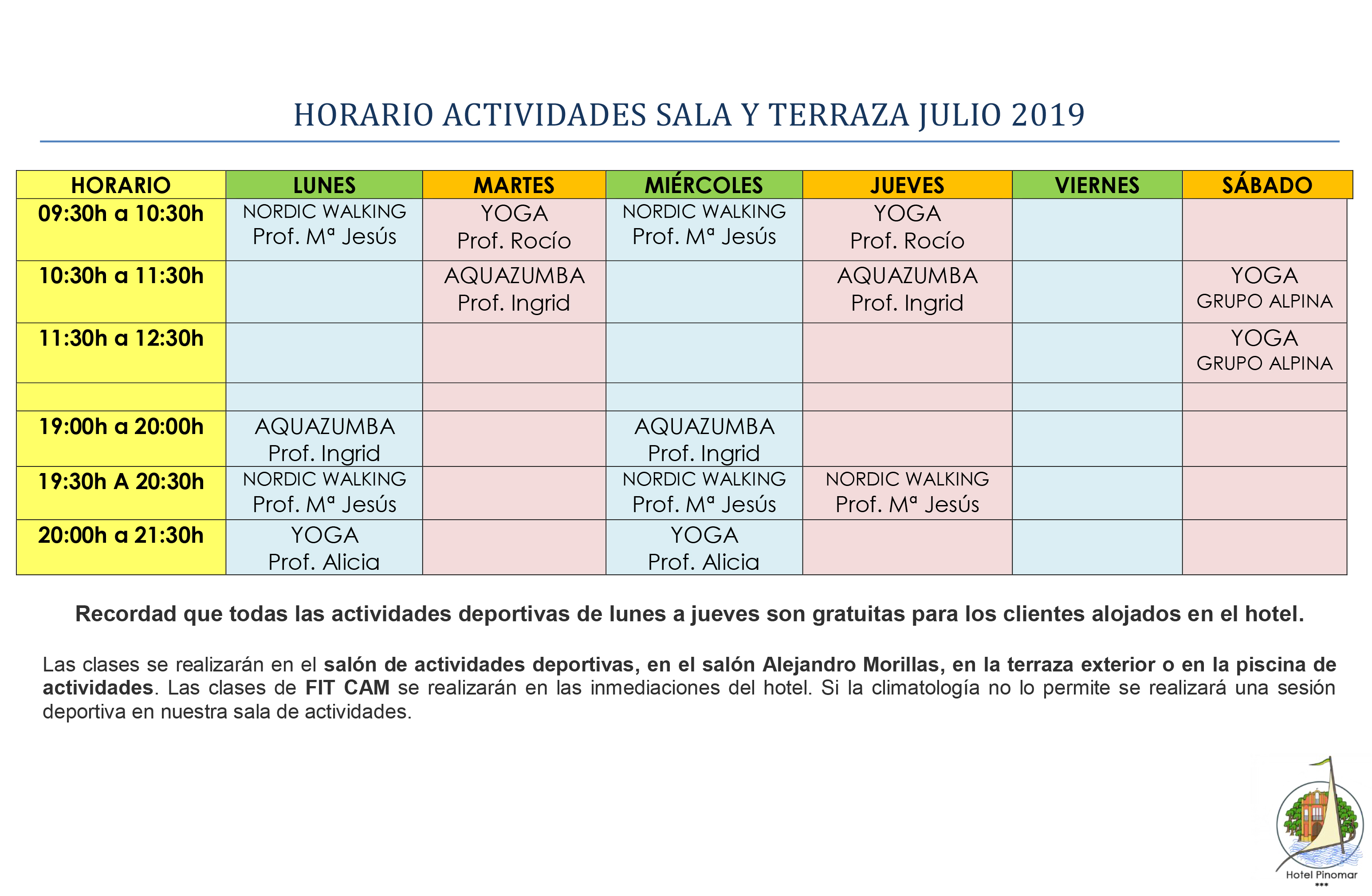 HORARIO ACTIVIDADES DIRIGIDAS JULIO 2019